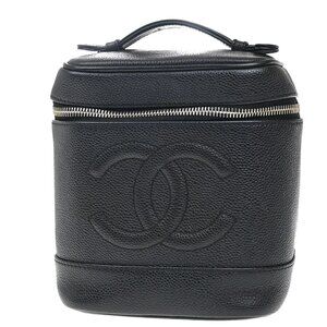 CHANEL CC Logo Vanity Hand Bag Grained Calfskin Leather Black Vintage 14RF886